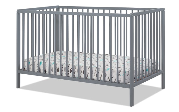 Primrose Gray 3-in-1 Convertible Crib from Primrose Avery collection, contemporary style in gray beech wood with vertical slats and sturdy plywood mattress support.