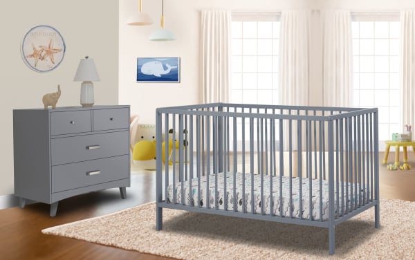 Primrose Gray 3-in-1 Convertible Crib in contemporary style, made of 100% beech wood and plywood, featuring gray wooden slats and sturdy mattress support.