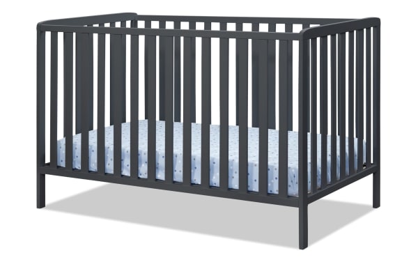 Avery Navy 3-in-1 Convertible Crib in contemporary style, solid beech wood with navy finish, adjustable mattress heights, and slatted sides.