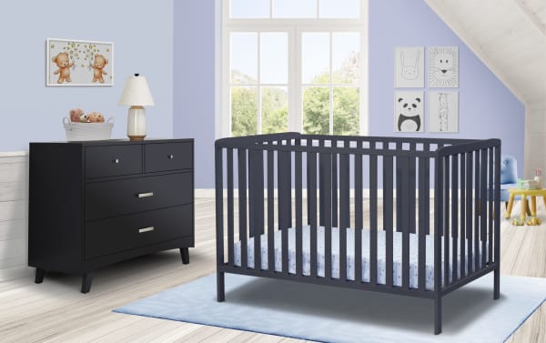 Avery Navy 3-in-1 Convertible Crib in solid beech wood with navy finish, contemporary style, slatted sides, and adjustable mattress heights.