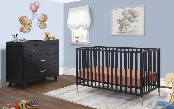 Jasper Navy 3-in-1 convertible crib in solid wood with contemporary Scandi design, navy finish, removable feet, and sturdy slatted frame for nursery.