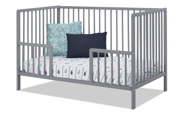 Avery/Primrose Gray Toddler Conversion Rail in transitional style, made of gray wood, converts convertible crib to toddler bed with safety rails.