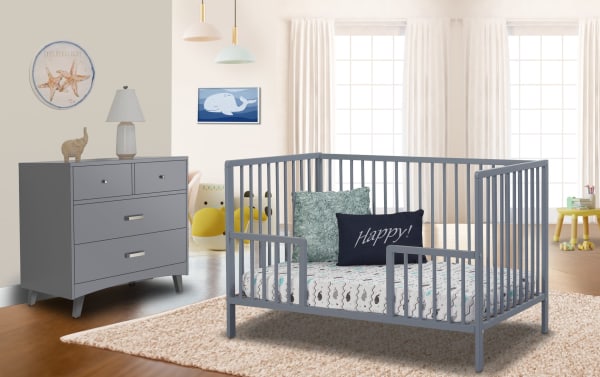 Avery/Primrose Gray Toddler Conversion Rail in transitional style, made of gray wood, designed to convert Avery or Primrose cribs into toddler beds.