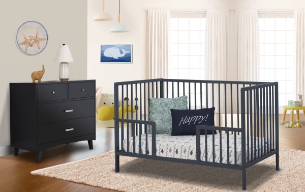 Navy wood Avery/Primrose toddler conversion rail in transitional style, designed to convert convertible cribs into toddler beds with safety rails.