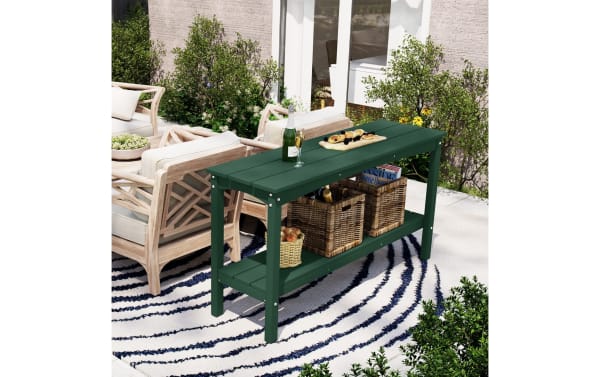 Paloma Green Outdoor Console Table from Paloma collection, traditional style, made of UV-resistant high-density polyethylene plastic with two shelves for outdoor use.