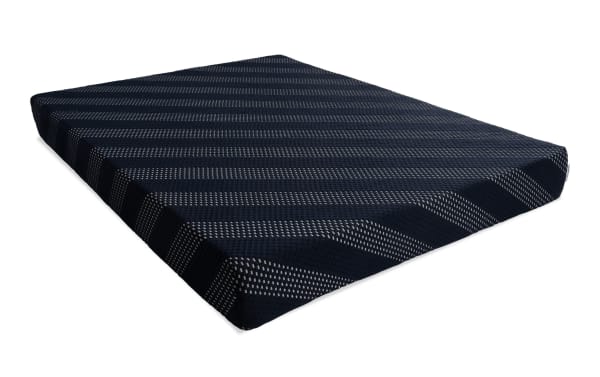 Bob-O-Pedic Prime™ 9'' Queen Firm Mattress with ventilated navy blue memory foam cover, traditional style, breathable pressure-relief layers.