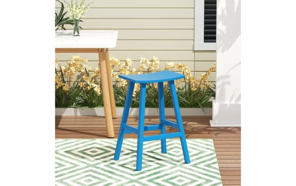 Paloma Sea Blue Outdoor Bar Height Stool in traditional style, made of durable UV-resistant high-density polyethylene plastic, 29" high.