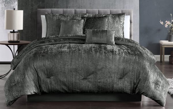 Zoey Queen Charcoal Solid Velvet 7 Piece Comforter Set in metallic crinkle polyester velvet fabric with glam gray tones and matching shams.