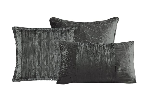 Zoey Queen Charcoal Solid Velvet 7 Piece Comforter Set with metallic crinkle polyester fabric in glam gray, featuring textured pillows and matching sham.