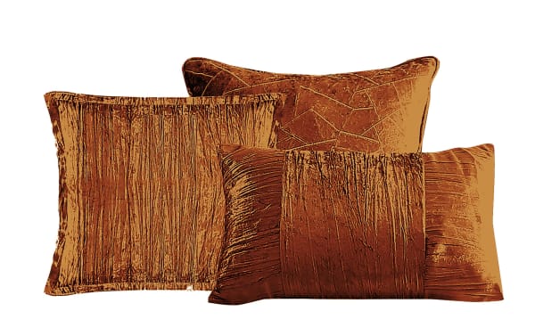 Zoey Queen Orange Solid Velvet 7 Piece Comforter Set with metallic crinkle polyester fabric, glam style, and matching textured pillows for bold bedroom decor.