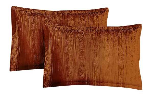 Zoey Queen Orange Solid Velvet 7 Piece Comforter Set shams in metallic crinkle polyester velvet, glam style, vibrant orange fabric for bold bedroom decor.