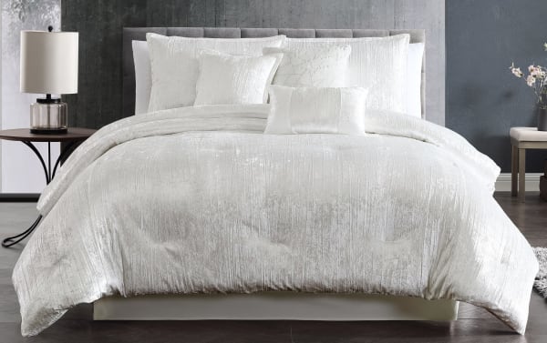 Zoey Queen White Solid Velvet 7 Piece Comforter Set featuring metallic crinkle polyester velvet fabric in white, glam style with matching shams and decorative pillows.