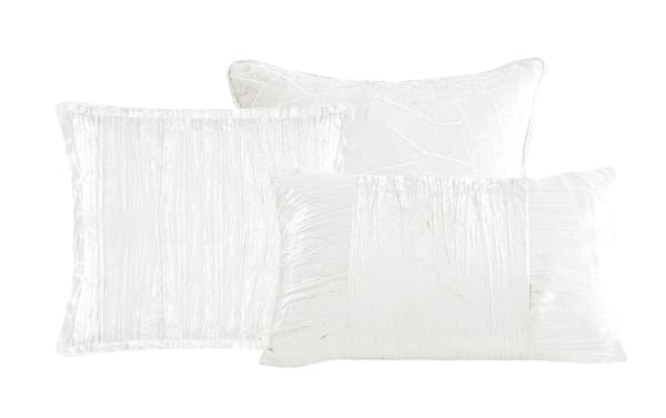 Zoey Queen White Solid Velvet 7 Piece Comforter Set with metallic crinkle velvet texture, polyester fabric, glam style, and matching decorative pillows.
