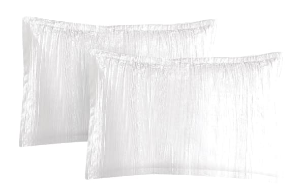 Zoey Queen White Solid Velvet 7 Piece Comforter Set with metallic crinkle velvet texture, white polyester fabric, and glam style pillow shams.