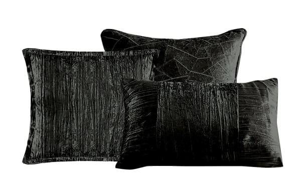 Zoey Queen Black Solid Velvet 7 Piece Comforter Set with metallic crinkle velvet fabric, black polyester, glam style pillows and shams.