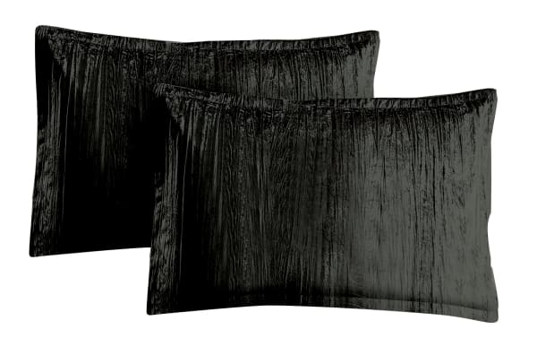 Zoey Queen Black Solid Velvet 7 Piece Comforter Set featuring metallic crinkle velvet fabric in black polyester, glam style with matching shams.