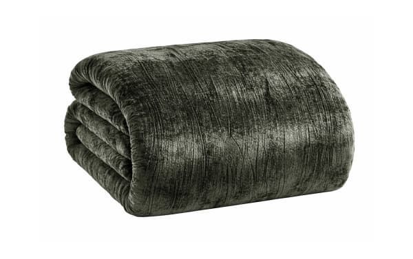 Dark gray plush velvet blanket, folded neatly, showcasing soft texture and subtle sheen, ideal for cozy home decor and warmth.