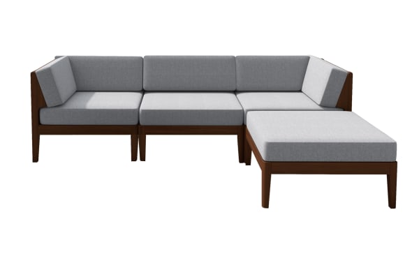Lucille 4 Piece Walnut Outdoor Sectional with gray polyester performance fabric cushions, solid acacia wood frame, and ottoman chaise lounge in transitional style.