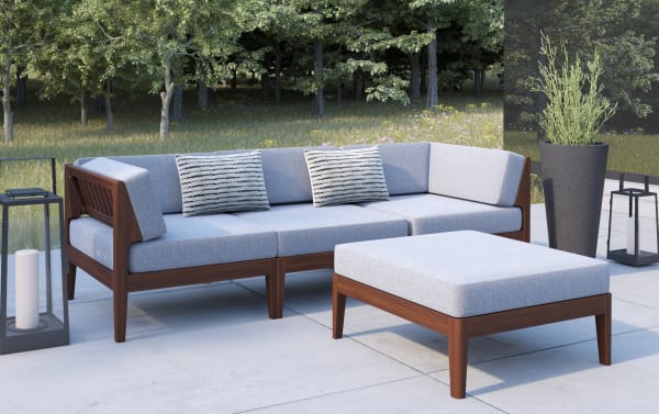 Lucille 4 Piece Walnut Outdoor Sectional in gray polyester fabric with solid acacia wood frame, includes cushioned ottoman for chaise lounge style.