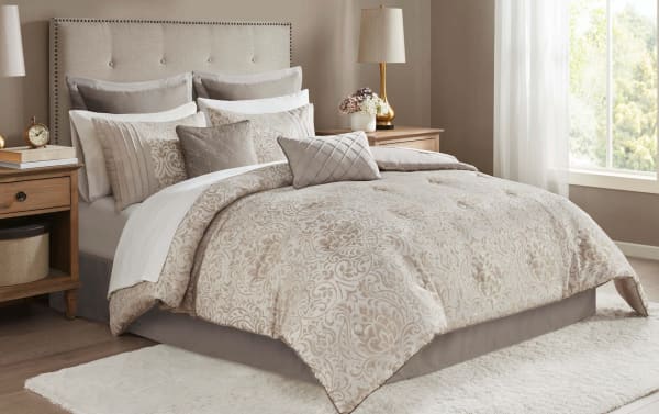 Haven King Beige Damask Reversible 12 Piece Comforter Set in taupe polyester microfiber with metallic damask pattern, includes comforter, shams, throw pillows, Euro shams, bed skirt, and sheets for traditional bedroom decor.