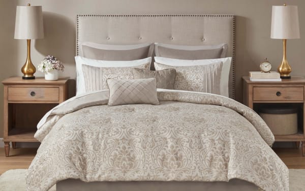 Haven King Beige Damask Reversible 12 Piece Comforter Set in taupe polyester microfiber fabric with metallic thread damask pattern, includes comforter, shams, throw pillows, Euro shams, bed skirt, and sheet set for traditional bedroom decor.