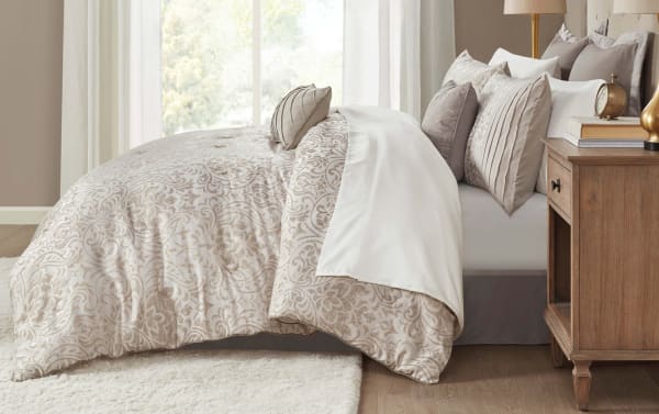 Haven King Beige Damask Reversible 12 Piece Comforter Set in taupe polyester microfiber with traditional damask pattern, metallic thread accents, and matching pillows.
