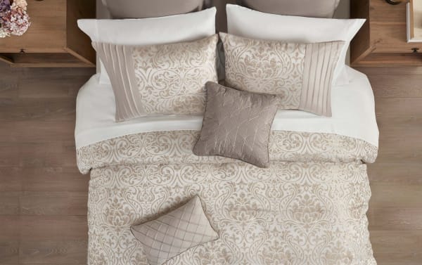 Haven King Beige Damask Reversible 12 Piece Comforter Set in taupe polyester microfiber fabric, featuring traditional damask pattern with metallic threads, includes comforter, shams, throw pillows, Euro shams, bed skirt, and sheet set for elegant bedroom decor.