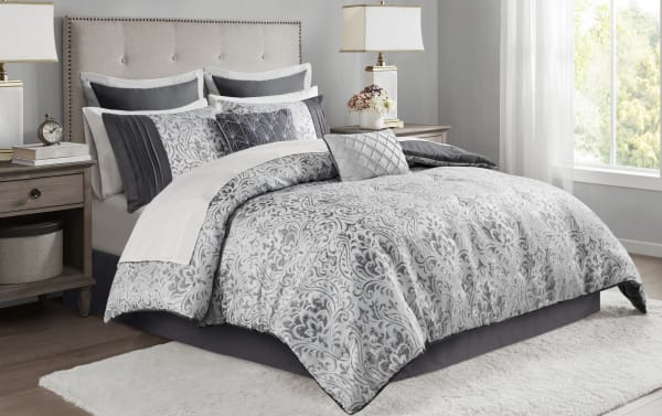 Haven Queen Gray Damask Reversible 12 Piece Comforter Set in gray, silver, and white polyester fabric with traditional damask pattern, metallic threads, and matching shams, throw pillows, Euro shams, bed skirt, and sheet set for elegant bedroom decor.
