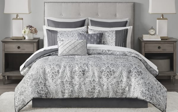 Haven Queen Gray Damask Reversible 12 Piece Comforter Set in gray, silver, and white polyester with traditional damask pattern, metallic threads, includes comforter, shams, throw pillows, Euro shams, bed skirt, and sheet set for elegant bedroom decor.