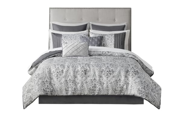 Haven Queen Gray Damask Reversible 12 Piece Comforter Set in gray, silver, and white polyester fabric with traditional damask pattern, metallic threads, includes comforter, shams, throw pillows, Euro shams, bed skirt, and sheet set for elegant bedroom décor.