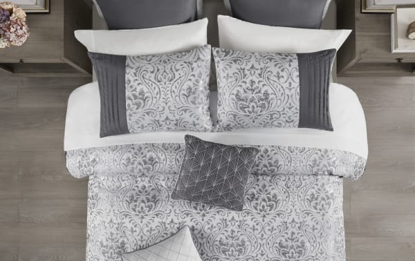 Haven Queen Gray Damask Reversible 12 Piece Comforter Set in gray, silver, and white polyester fabric with traditional damask pattern and metallic thread accents, includes comforter, shams, Euro shams, throw pillows, bed skirt, and sheet set for elegant bedroom decor.