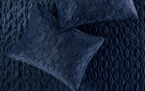 Camille King/California Navy Geometric 3 Piece Quilt Set in navy blue polyester velvet with a soft texture and geometric quilted design, glam style.