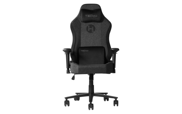Lumen Black Gaming Chair by Techni Sport with black fabric and velvet upholstery, ergonomic design, adjustable arms, memory foam, and steel base.