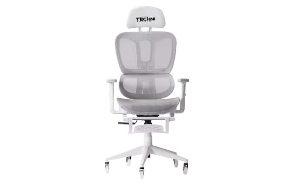 Daxton Gray Gaming Chair from Techni Sport, contemporary gray mesh ergonomic chair with adjustable armrests, footrest, and 110-degree recline.