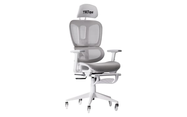 Daxton Gray Gaming Chair from the Daxton collection, featuring gray breathable mesh, nylon and steel frame, adjustable armrests, reclining back, footrest, and TECHNI Sport headrest.