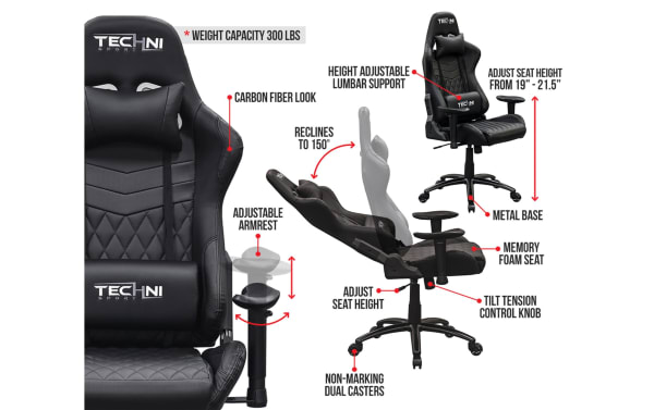 Grover Black Gaming Chair by TechniSport features black polyurethane upholstery, steel base, adjustable armrests, lumbar support, memory foam seat, 150° recline, and non-marking dual casters for ergonomic comfort and durability.