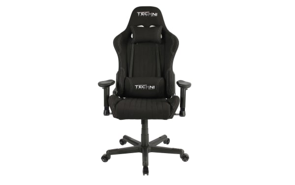 Radley Black Gaming Chair by Techni Sport, black polyester and nylon fabric, ergonomic high back with adjustable memory foam seat, headrest, lumbar cushion, and 150-degree recline for gaming comfort.