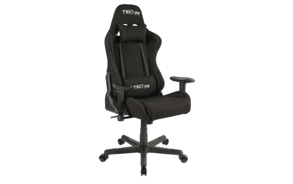 Radley Black Gaming Chair by Techni Sport, ergonomic black polyester and nylon fabric, high back with adjustable memory foam seat, lumbar cushion, headrest, 150-degree recline, and height-adjustable armrests.