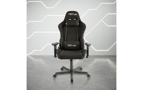 Radley Black Gaming Chair by Techni Sport, ergonomic high-back black polyester and nylon fabric, height adjustable memory foam seat, 150° recline, lumbar and headrest cushions.