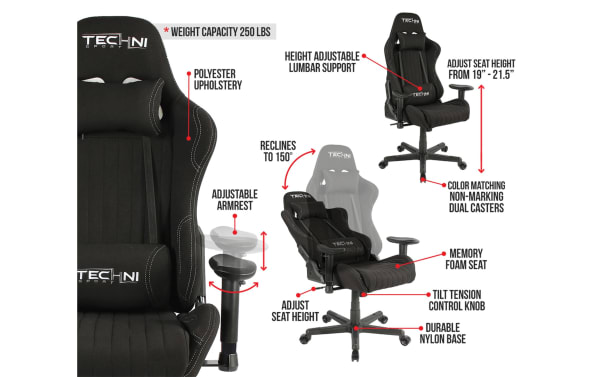 Radley Black Gaming Chair by Techni Sport features black polyester fabric upholstery, adjustable armrests, height-adjustable memory foam seat, 150° recline, lumbar support, tilt tension knob, and durable nylon base with non-marking dual casters.