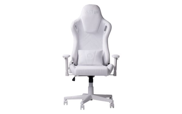 Keke White Velvet Gaming Chair with white stain-resistant velvet fabric, memory foam seat, adjustable armrests, 150° recline, and plush lumbar pillow.