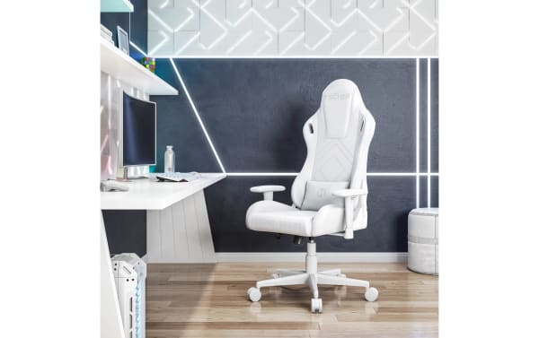 Keke White Velvet Gaming Chair in white fabric with nylon and steel frame, featuring stain-resistant velvet upholstery, memory foam seat, adjustable height, 150° recline, plush head pillow, and lumbar cushion for ergonomic support.
