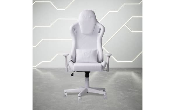 Keke White Velvet Gaming Chair in white fabric with stain-resistant velvet upholstery, memory foam seat, adjustable armrests, and ergonomic support cushions.