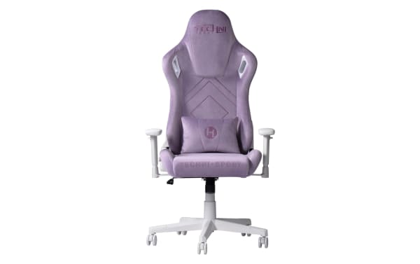 Keke Purple Velvet Gaming Chair with stain-resistant purple fabric upholstery, memory foam seat, plush head pillow, lumbar cushion, adjustable armrests, and 150-degree recline.