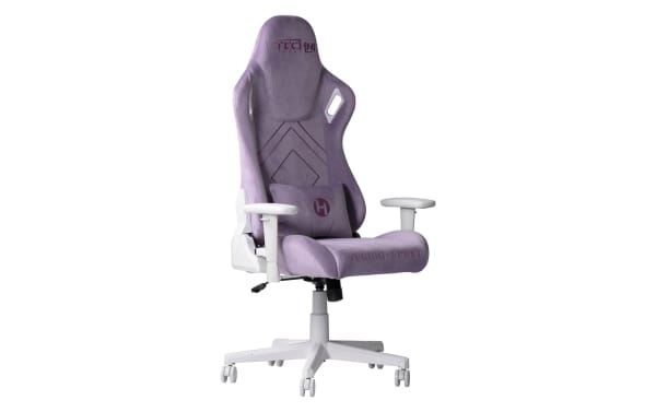 Keke Purple Velvet Gaming Chair with stain-resistant purple fabric upholstery, memory foam seat, adjustable height, 150° recline, and lumbar support.