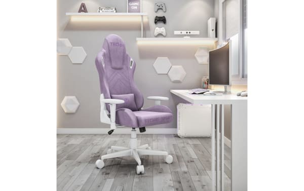 Keke Purple Velvet Gaming Chair in contemporary style with stain-resistant purple fabric upholstery, memory foam seat, adjustable height, tilt, and 150° recline.