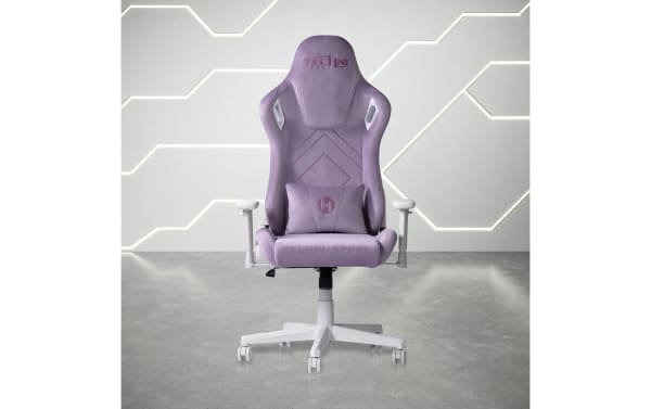 Keke Purple Velvet Gaming Chair with stain-resistant purple fabric upholstery, memory foam seat, adjustable armrests, and 150-degree recline.