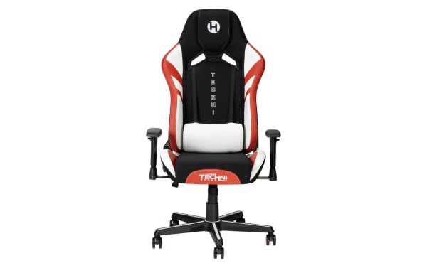 Ziggy Black & Red Gaming Chair with black, red, and white polyurethane and fabric upholstery, adjustable armrests, lumbar cushion, headrest, and nylon base.