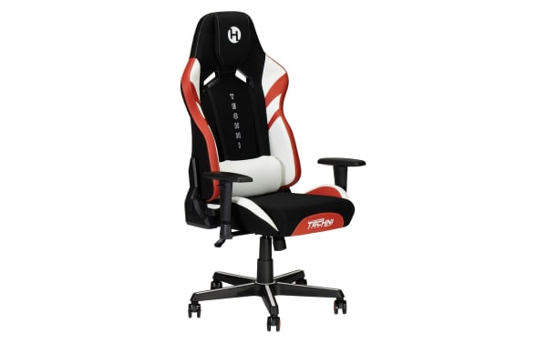 Ziggy Black & Red Gaming Chair with polyurethane, fabric, and nylon in black, red, and white. Features ergonomic molded foam seat, adjustable lumbar cushion, built-in headrest, padded armrests, pneumatic height adjustment, and tilt tension control for immersive gaming comfort. Contemporary style with Techni brand logo.