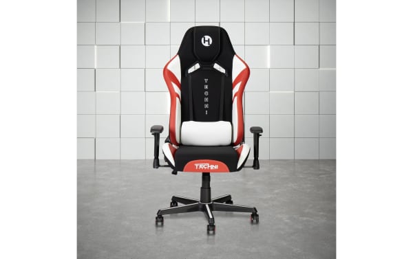 Ziggy Black & Red Gaming Chair with stain-resistant fabric, polyurethane, and nylon. Features adjustable lumbar cushion, padded armrests, pneumatic height, tilt control, and molded foam seat for ergonomic comfort. Contemporary black, red, and white design with TECHNI branding.